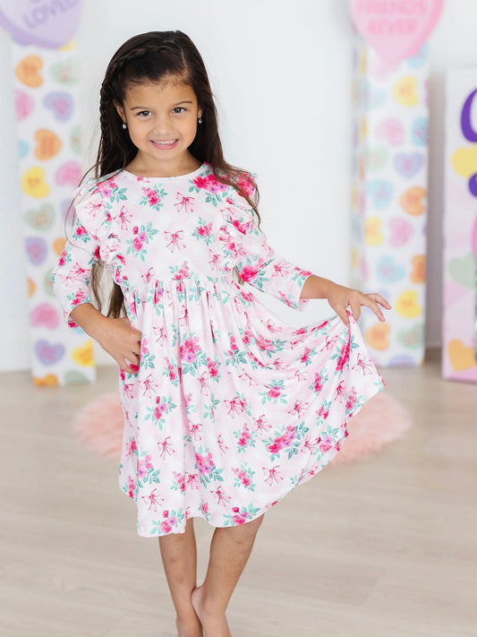 3/4 Sleeve Ruffle Twirl Dress - Gingham Bows