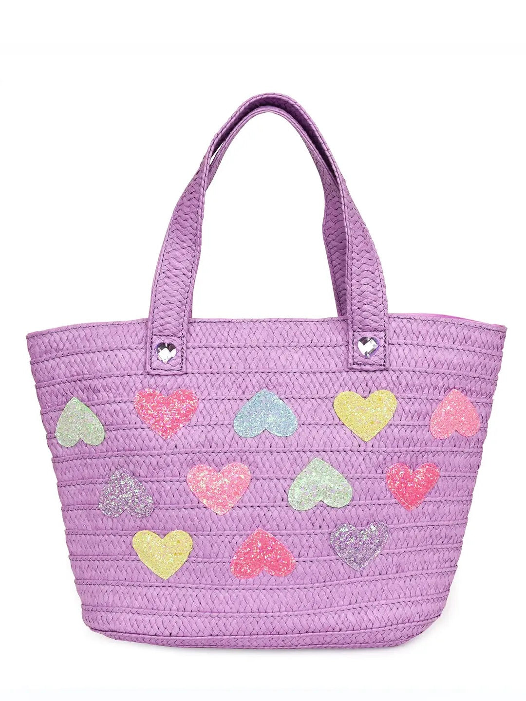 Heart-Patched Purple Straw Tote Bag