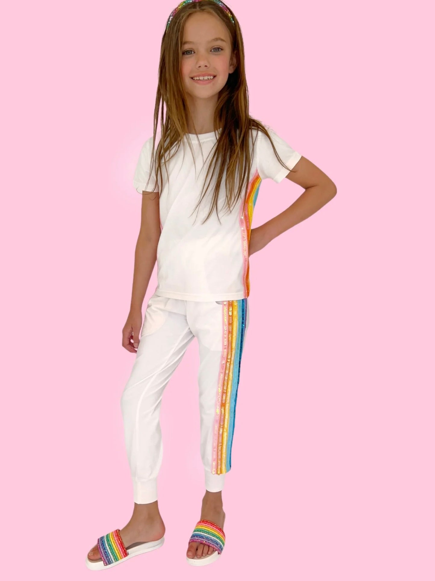 White Rainbow Sequin Jogger Set