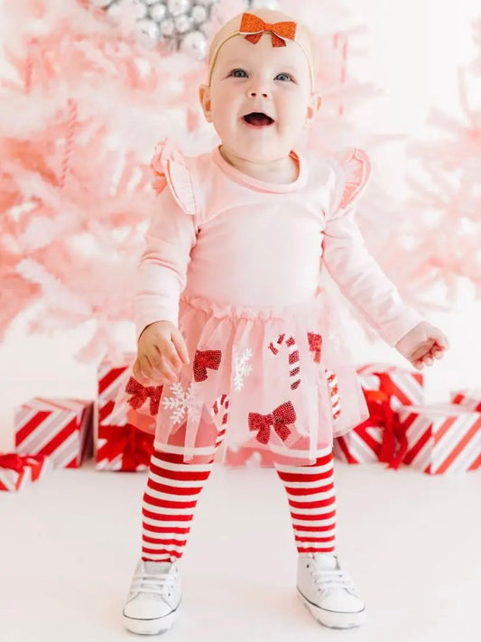 Long Sleeve Tutu Bodysuit - Candy Cane Cutie