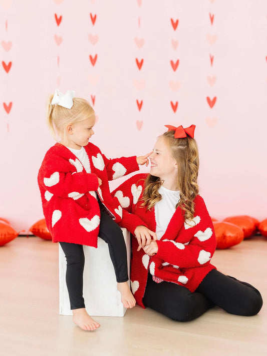 Kids Cozy Cardigan - Red/White Hearts