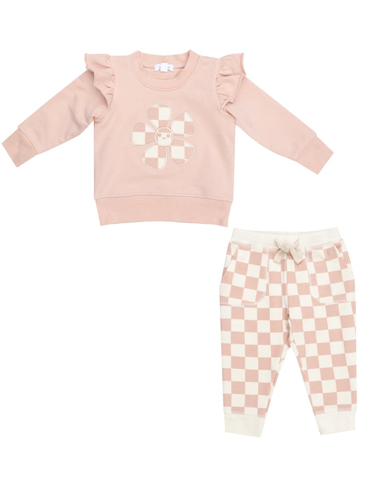 French Terry Ruffle Set - Pink Checkerboard