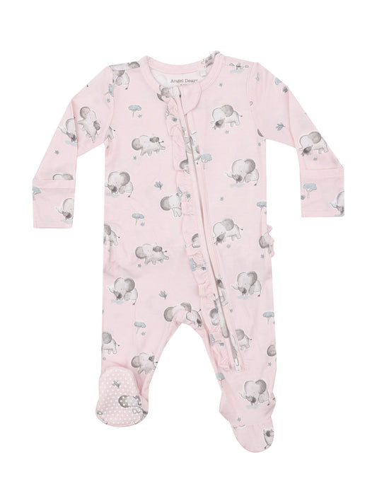 2-Way Zipper Ruffle Footie - Pink & Gray Elephants